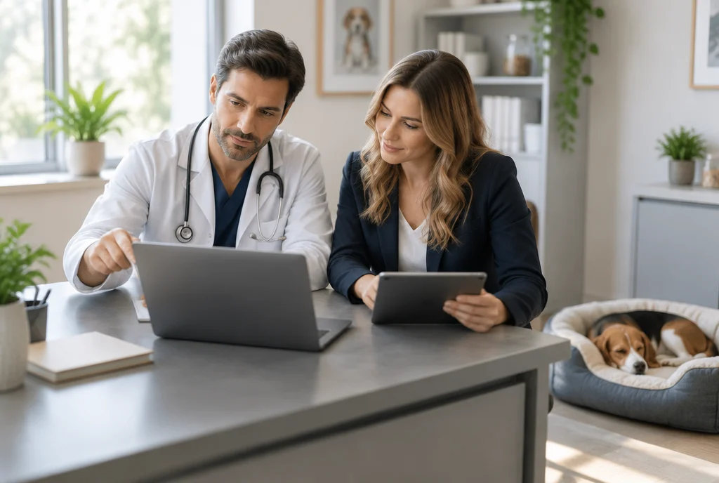 Two colleagues working together on a laptop and a tablet in a veterinary clinic