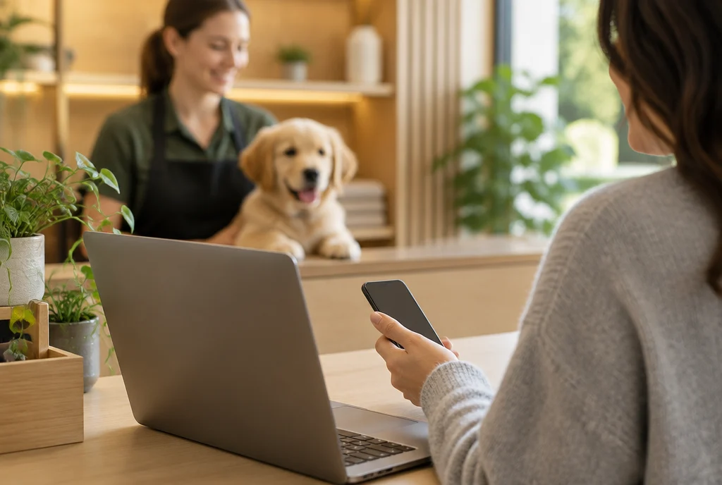 A laptop and a phone on the same counter, in a pet hotel