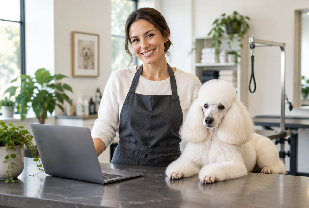 The owner of a grooming salon next to a laptop, with a white poodle on the counter