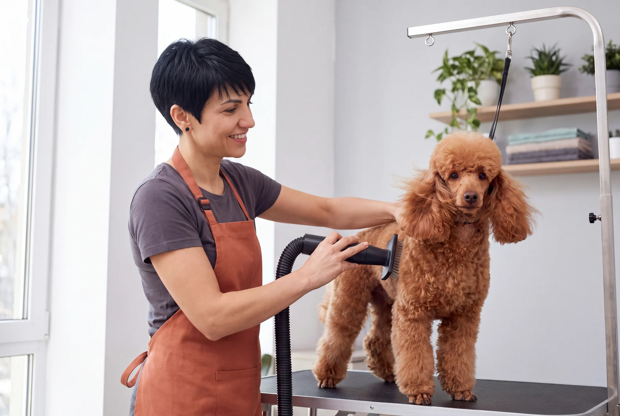 Groomer in a gray apron drying a white bichon on the grooming table.