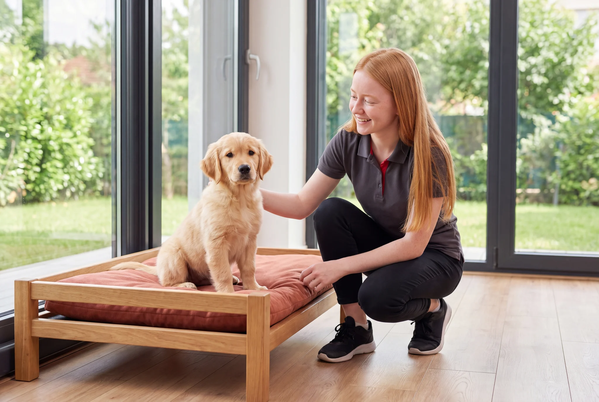Pet hotel manager next to a golden retriever on a raised bed.
