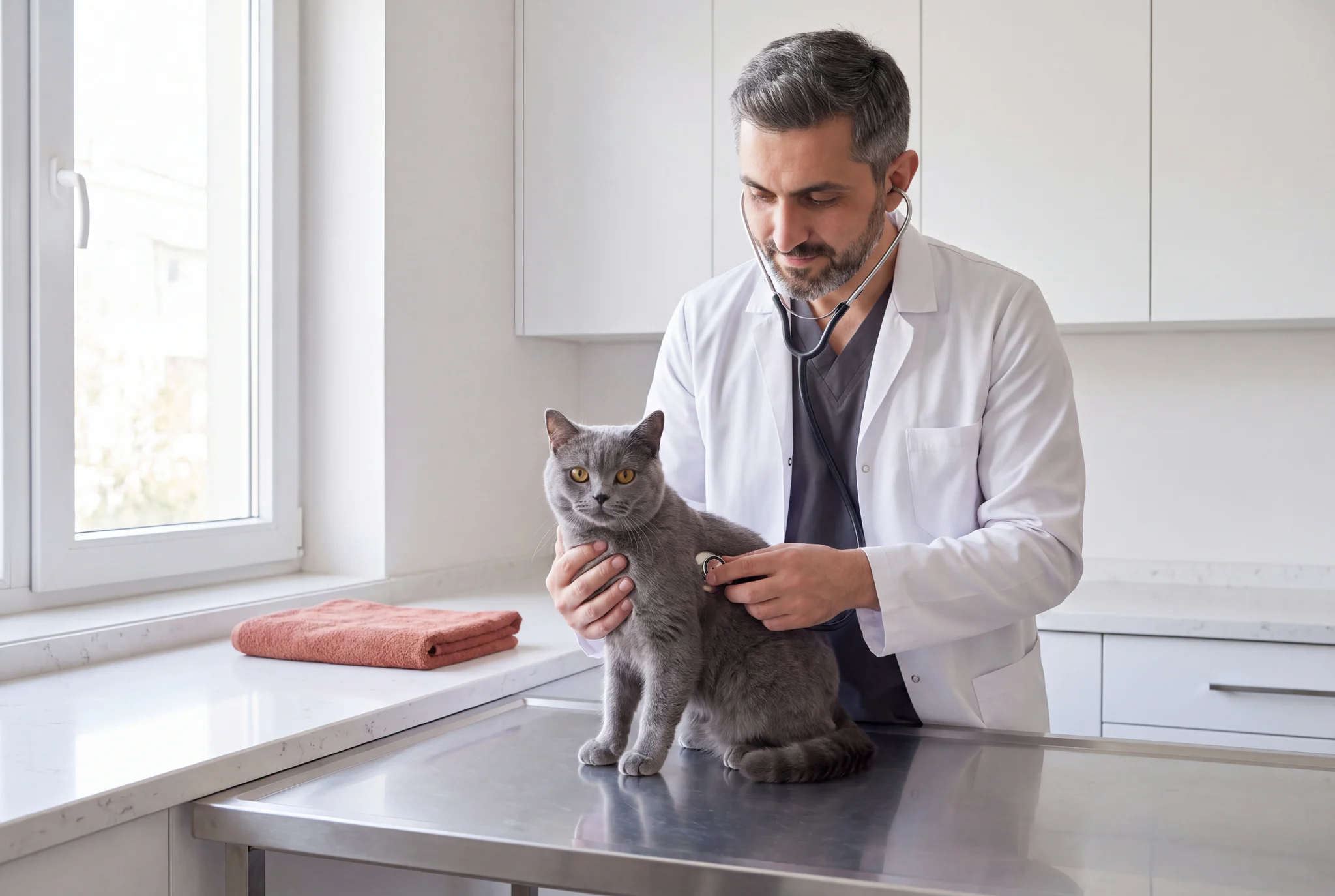 A veterinarian listens to a British Shorthair cat with a stethoscope on the exam table.