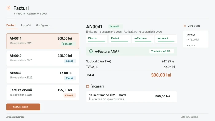 The invoice list and an issued invoice, with its four statuses and its e-Factura status.