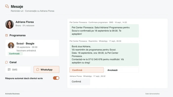 A conversation with a client: the SMS confirmation, the WhatsApp reminder and their reply.