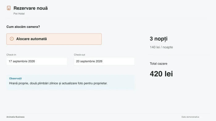 A new booking: room assignment, check-in, check-out and total.