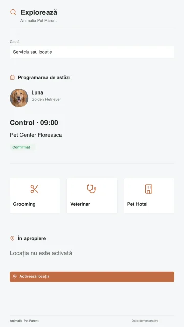 The Explore screen in Animalia Booking, with today's appointment and the modules.