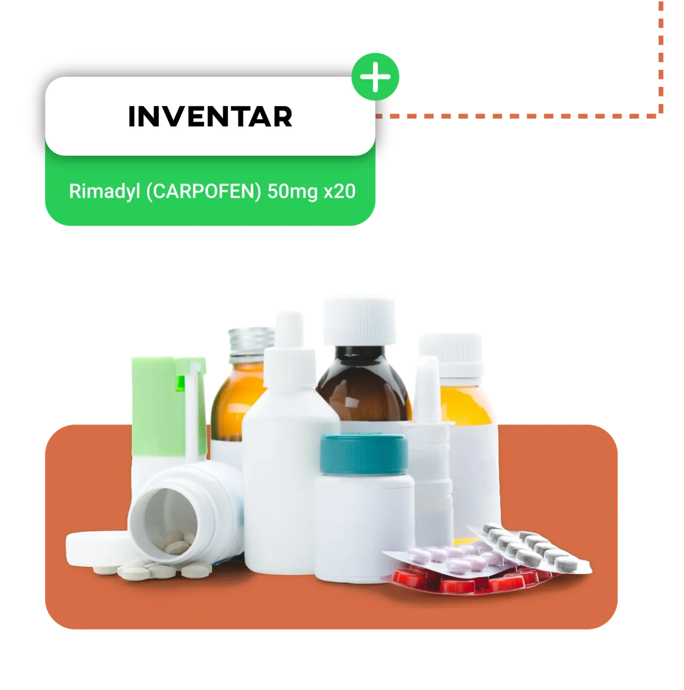 Green confirmation of stock added to inventory, next to a pile of medications and veterinary vials.
