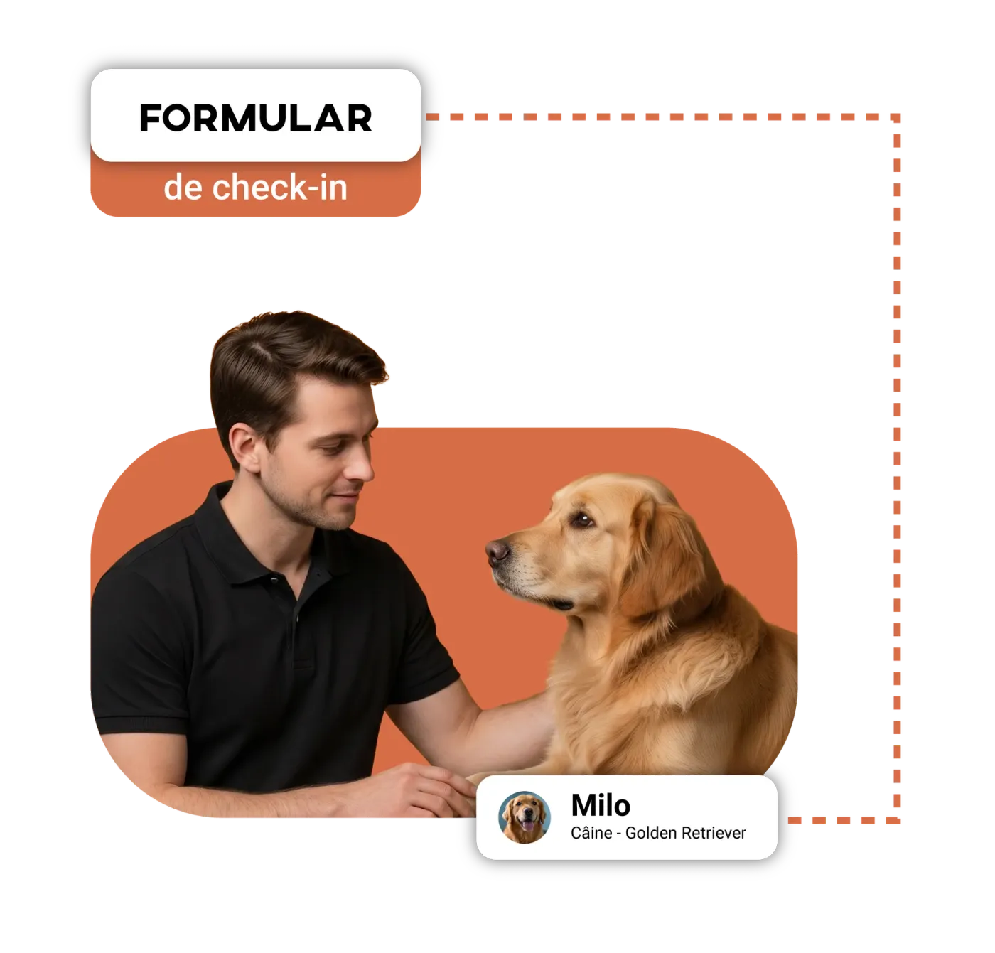 Receptionist in a black polo petting a golden retriever, with Milo's record shown alongside
