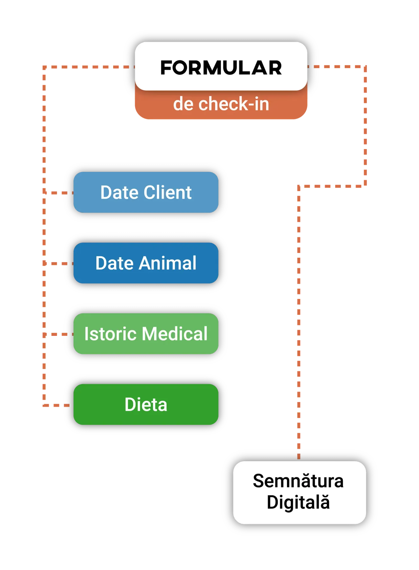 Diagram of the check-in form with the groups Client details, Pet details, Medical history, Diet and Digital signature