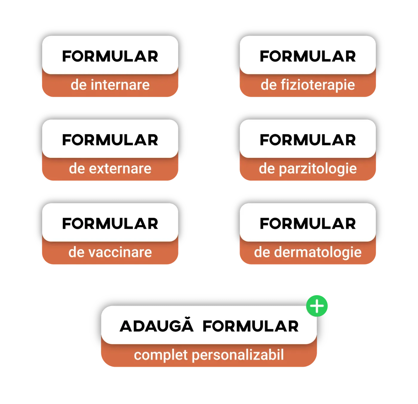 Grid of veterinary form types: admission, physiotherapy, discharge, parasitology, vaccination and dermatology.