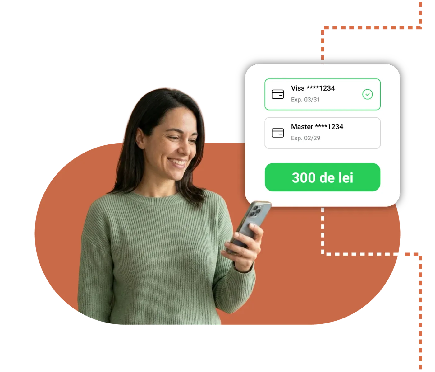 Pet owner holding a phone next to an in-app payment card, with the green button to pay the 300 lei deposit.