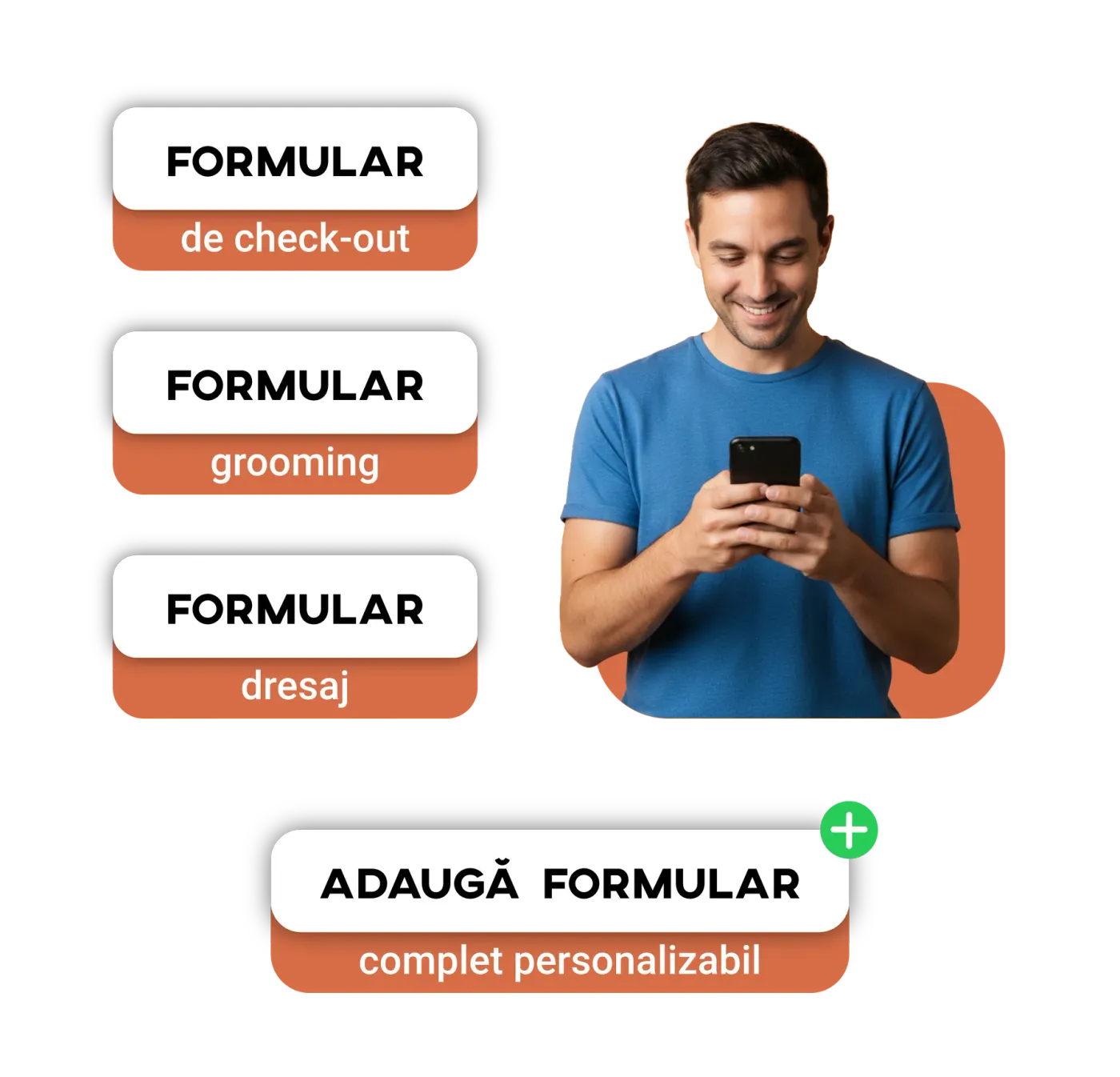 Man in a blue T-shirt filling in a form on a phone, next to the list of available form types