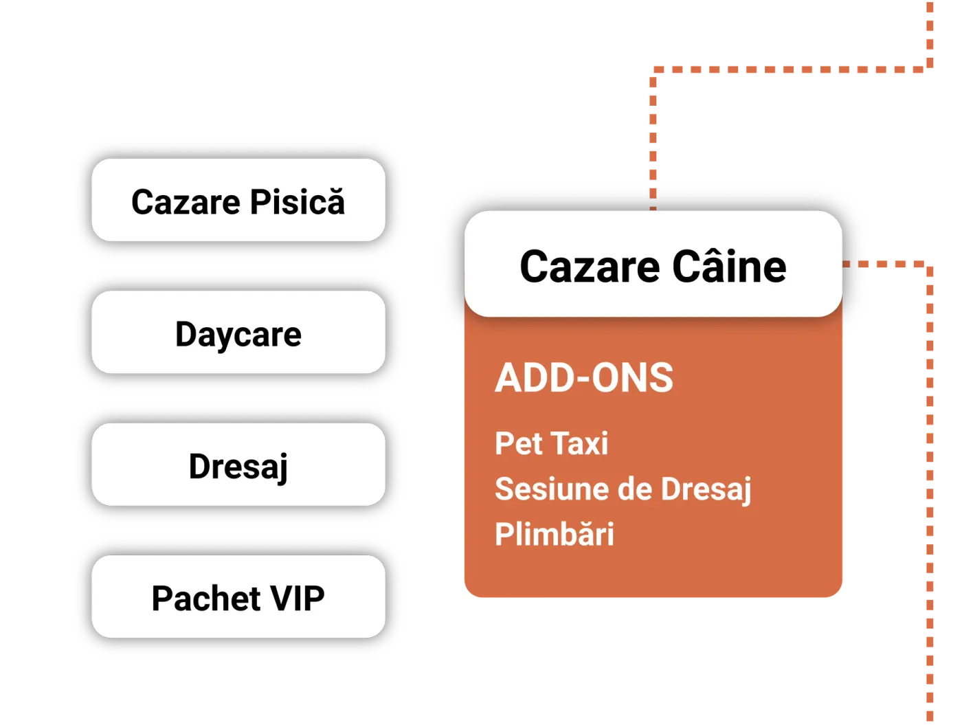 Booking screen with stay types — cat, dog, daycare, training, VIP package — and a panel of add-ons: Pet Taxi, training session, walks.