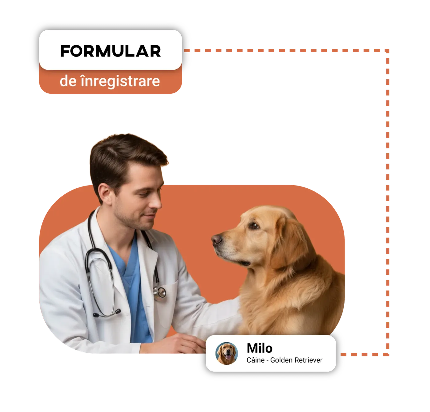 Veterinarian in a white coat examining a Golden Retriever, next to the patient card for Milo.