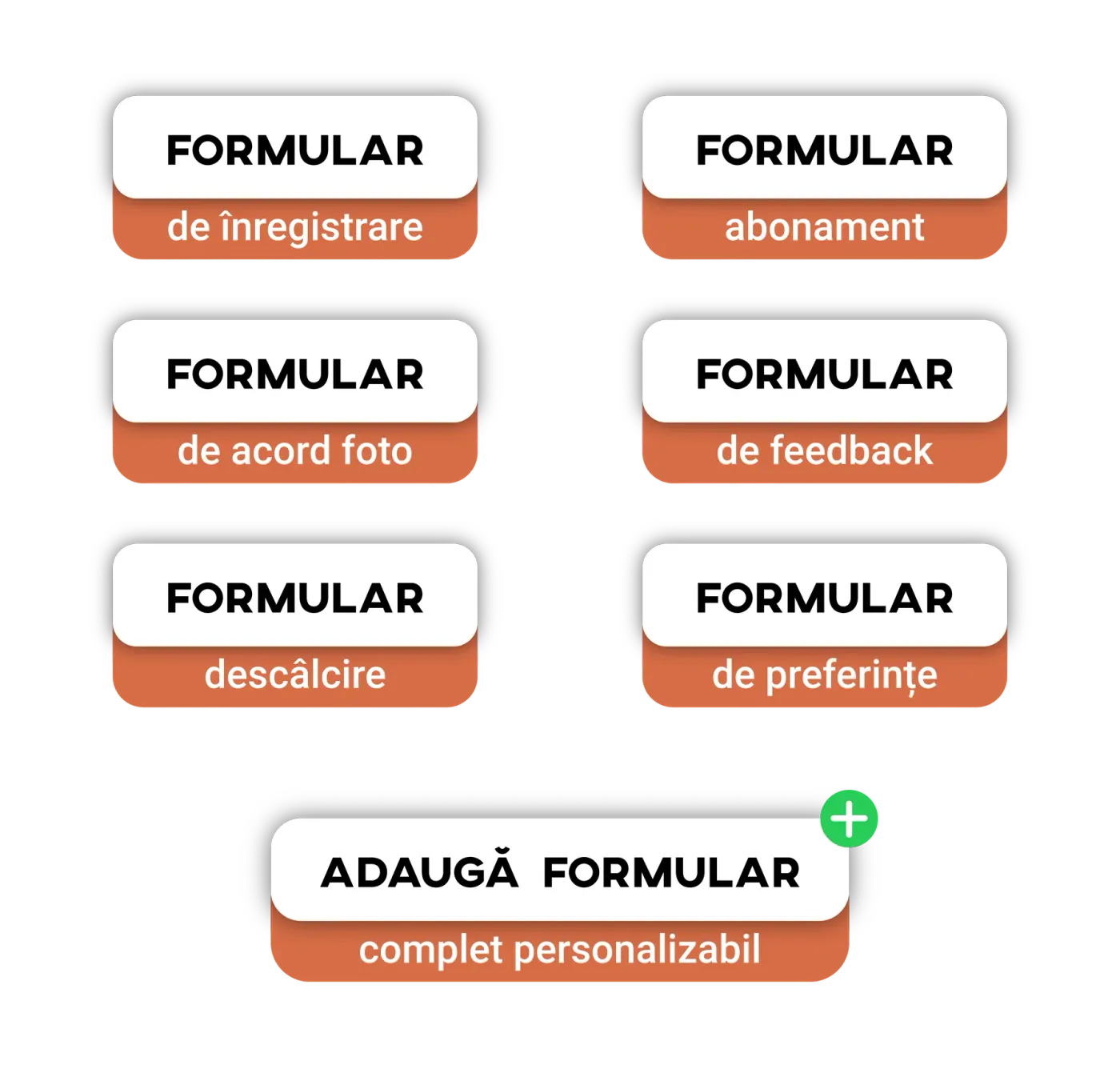 Grid of form types: registration, subscription, photo consent, feedback, detangling and preferences