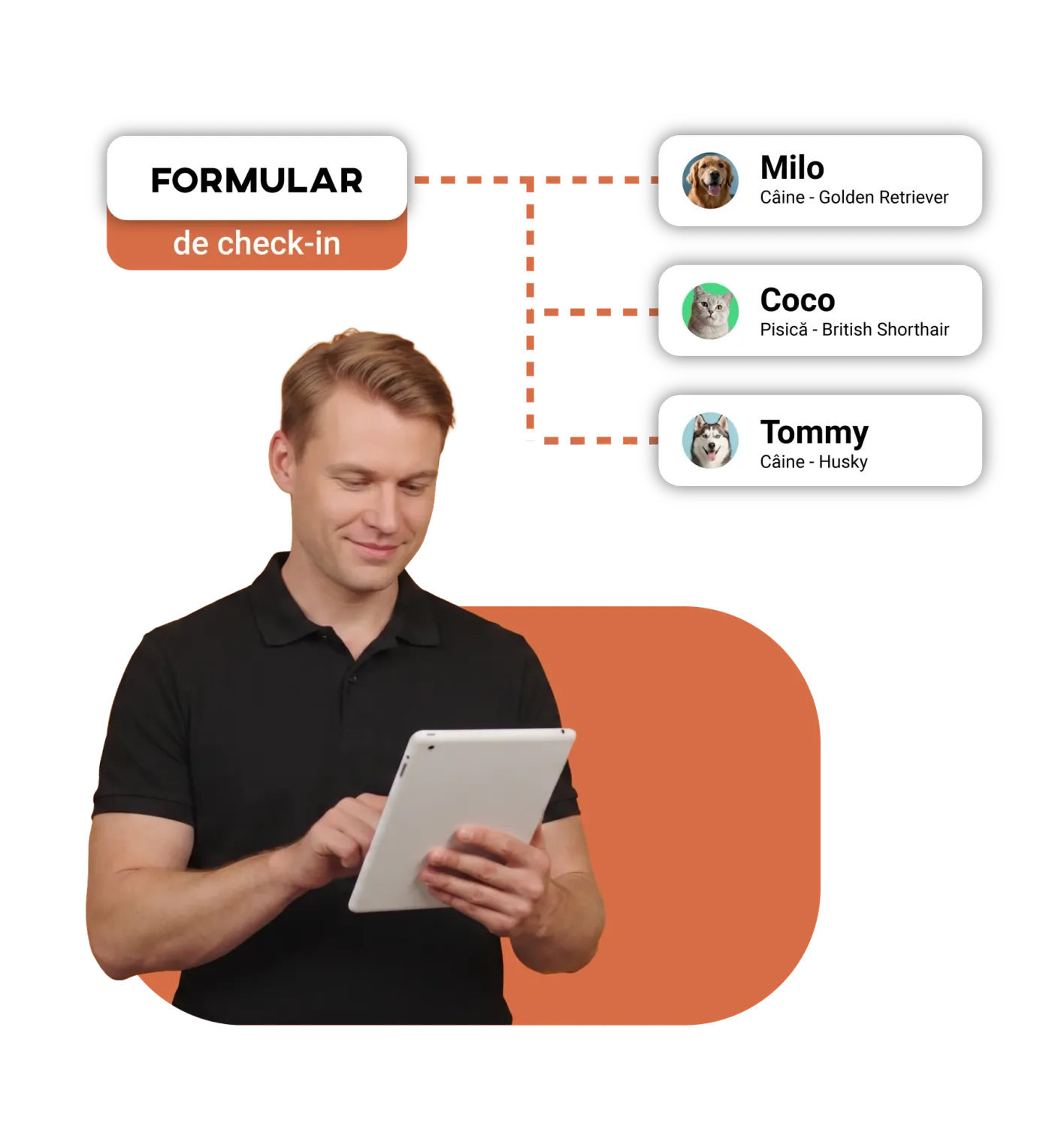 Receptionist in a black polo checking in guests Milo, Coco and Tommy on a tablet
