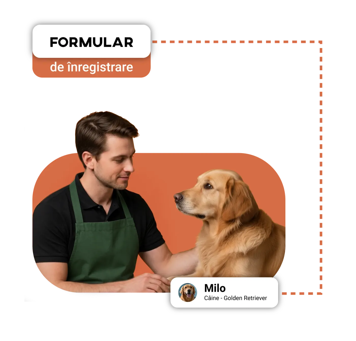 Groomer next to a Golden Retriever, beside a digital intake form card