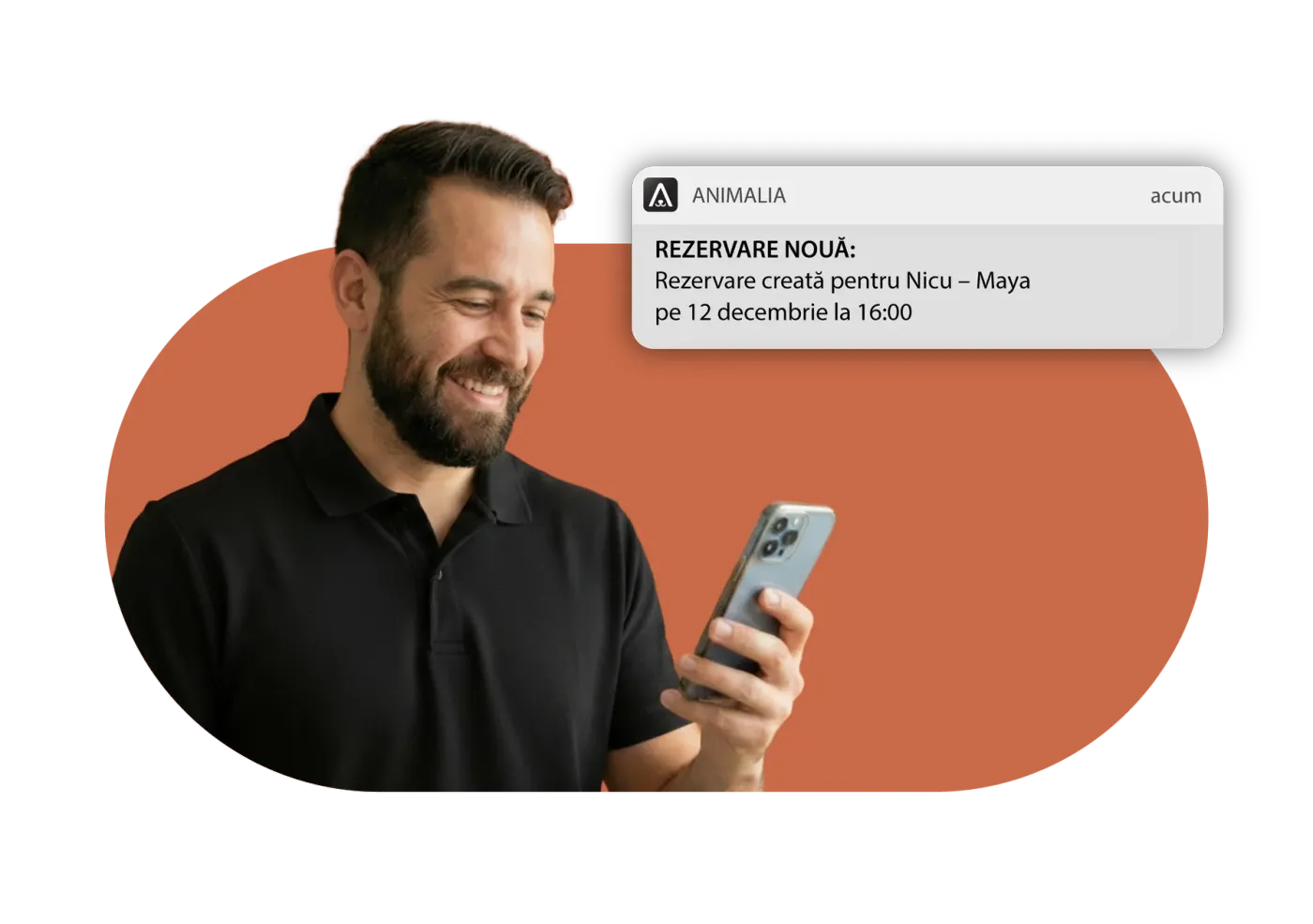 A man checks his phone and receives the confirmation notification for a new booking in the Animalia app.