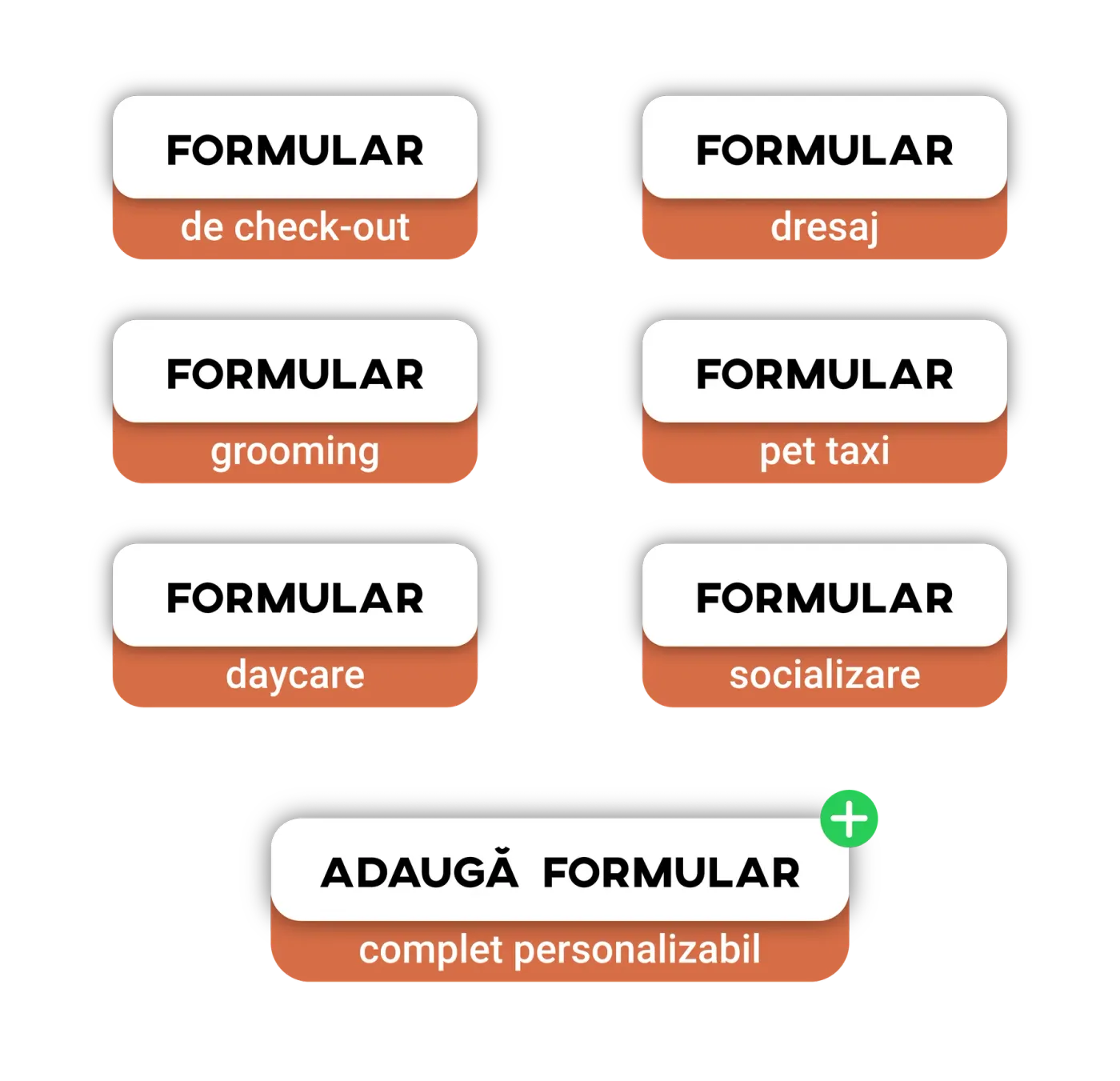 Grid of forms for check-out, training, grooming, pet taxi, daycare and socialization, with a fully customizable Add form option