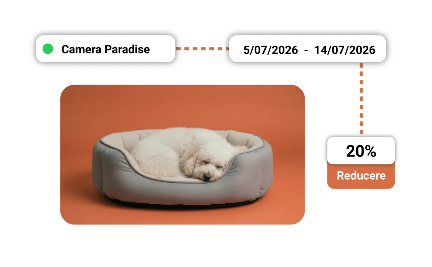 White dog sleeping in a bed, with the reservation dates and the 20% discount applied.
