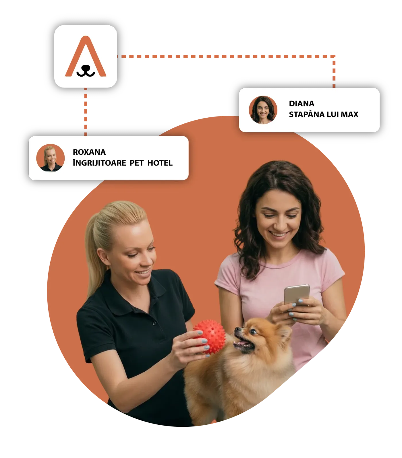 Pet hotel caregiver with a play ball, next to a pet owner booking a stay on her phone and a Pomeranian puppy.