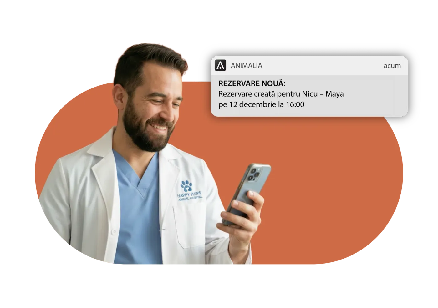 Male veterinarian in a white coat over blue scrubs looks at an ANIMALIA notification about a new booking on his phone.