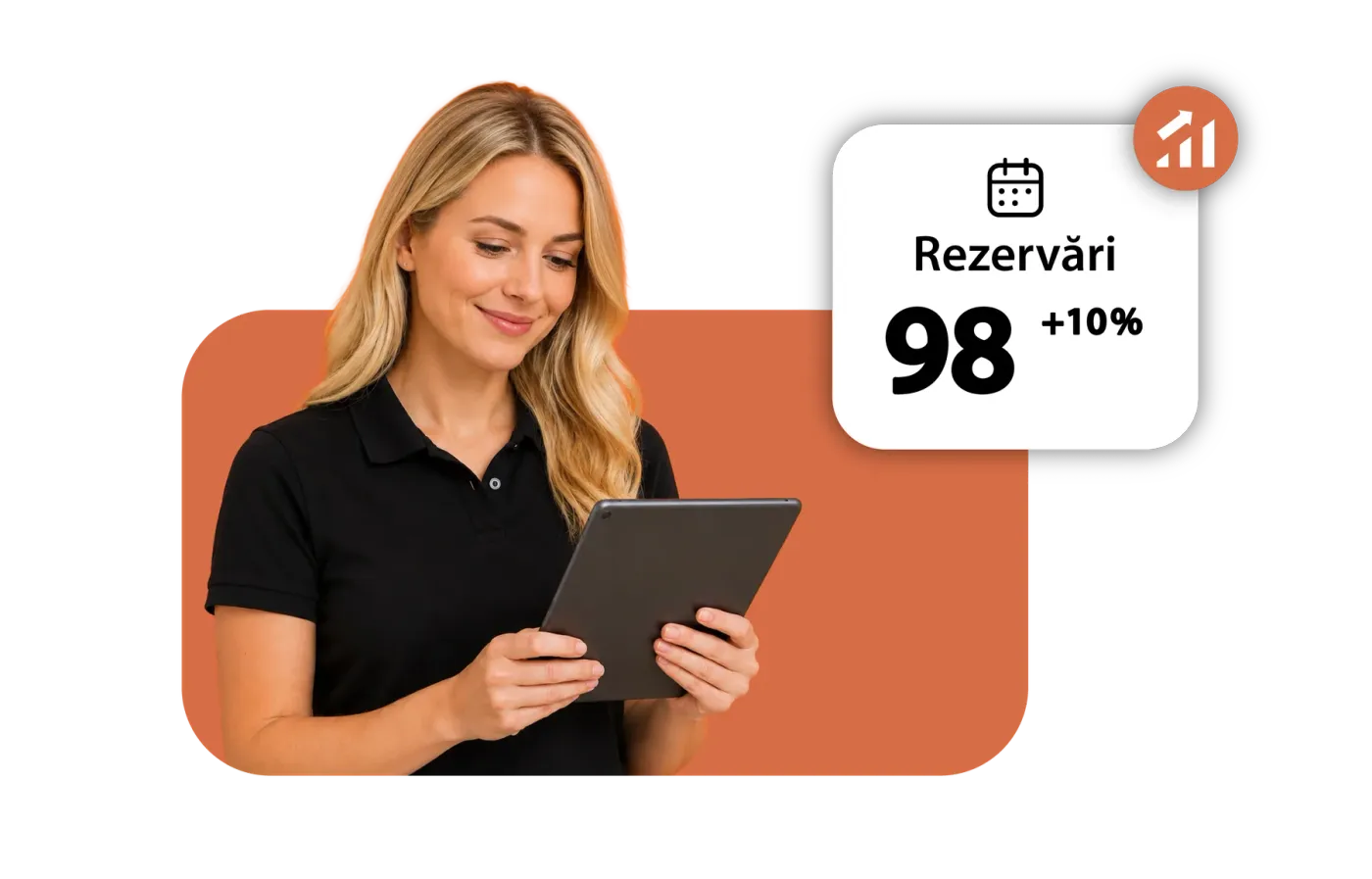 Employee with a tablet next to a stats card showing the number of bookings.