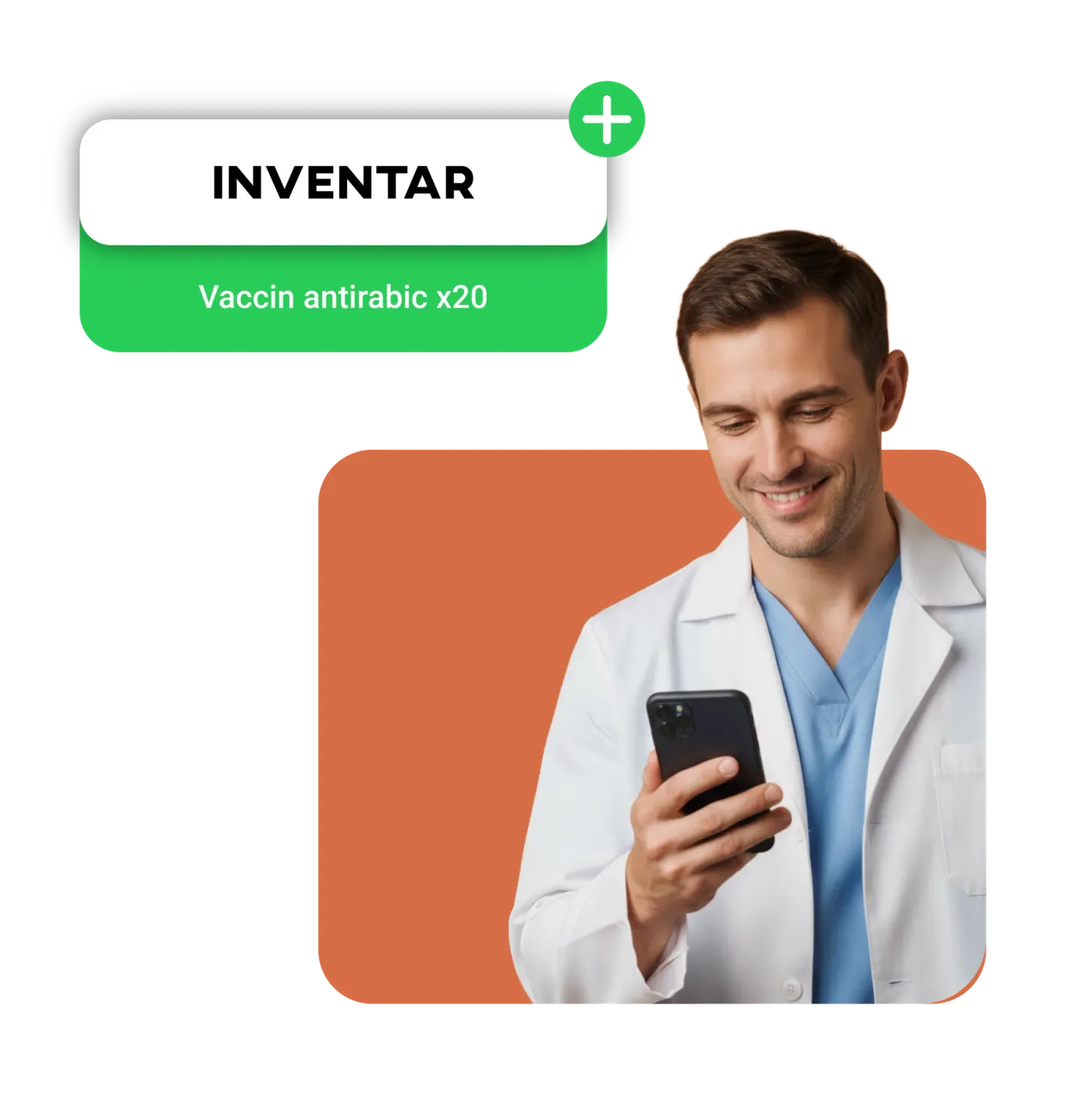 Smiling veterinarian holding a phone, next to the green restock confirmation.
