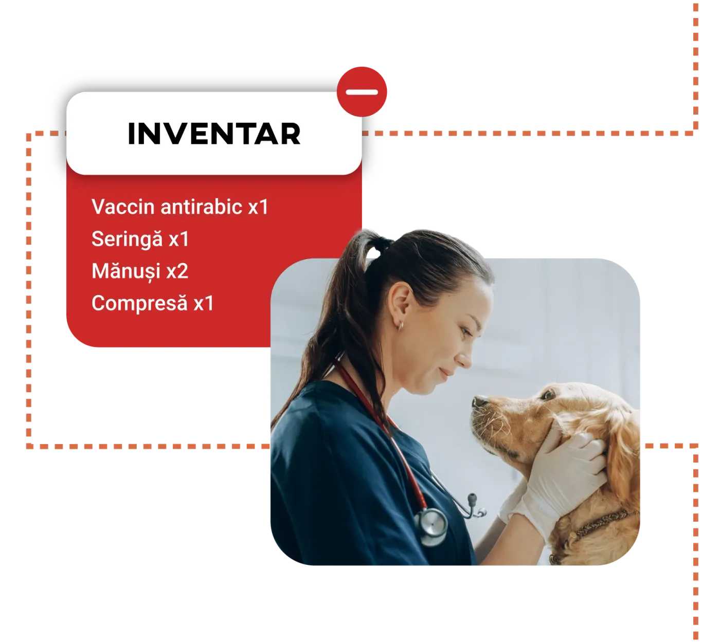Red automatic low-stock notification, next to a veterinarian petting a golden retriever.