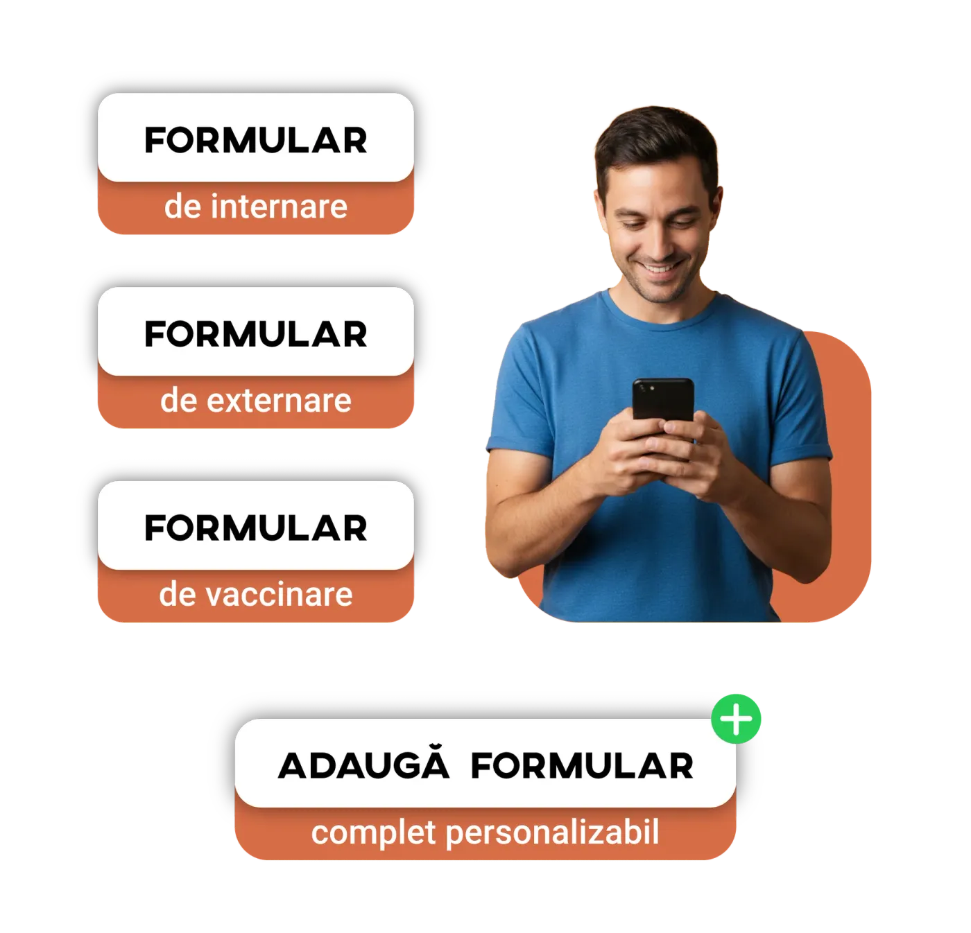 Young man in a blue T-shirt filling in an intake form on a phone.