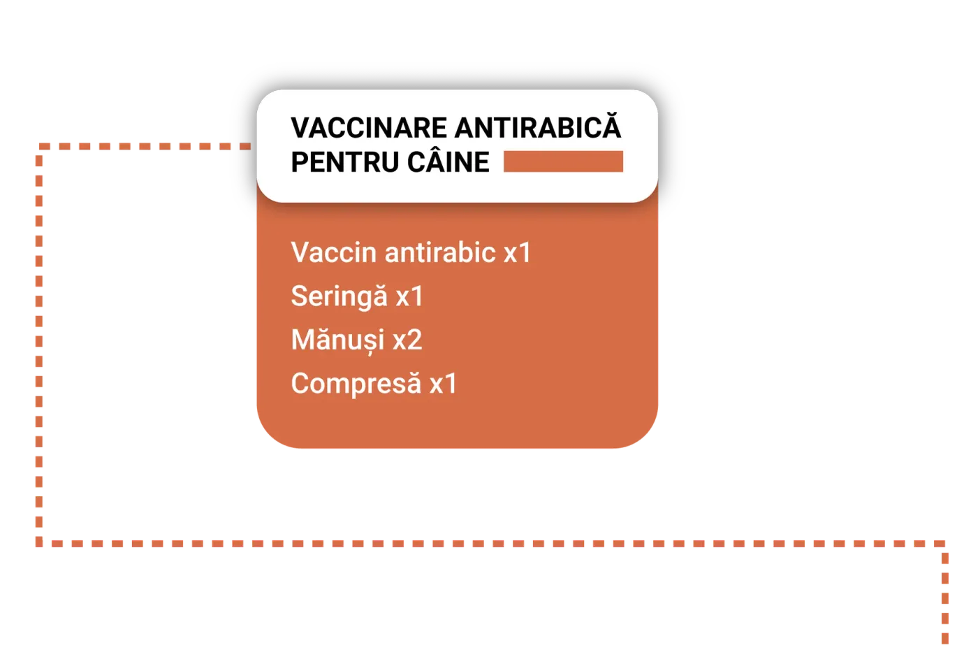 “Rabies vaccination for dogs” service card with the list of supplies: vaccine, syringe, gloves, gauze pad.