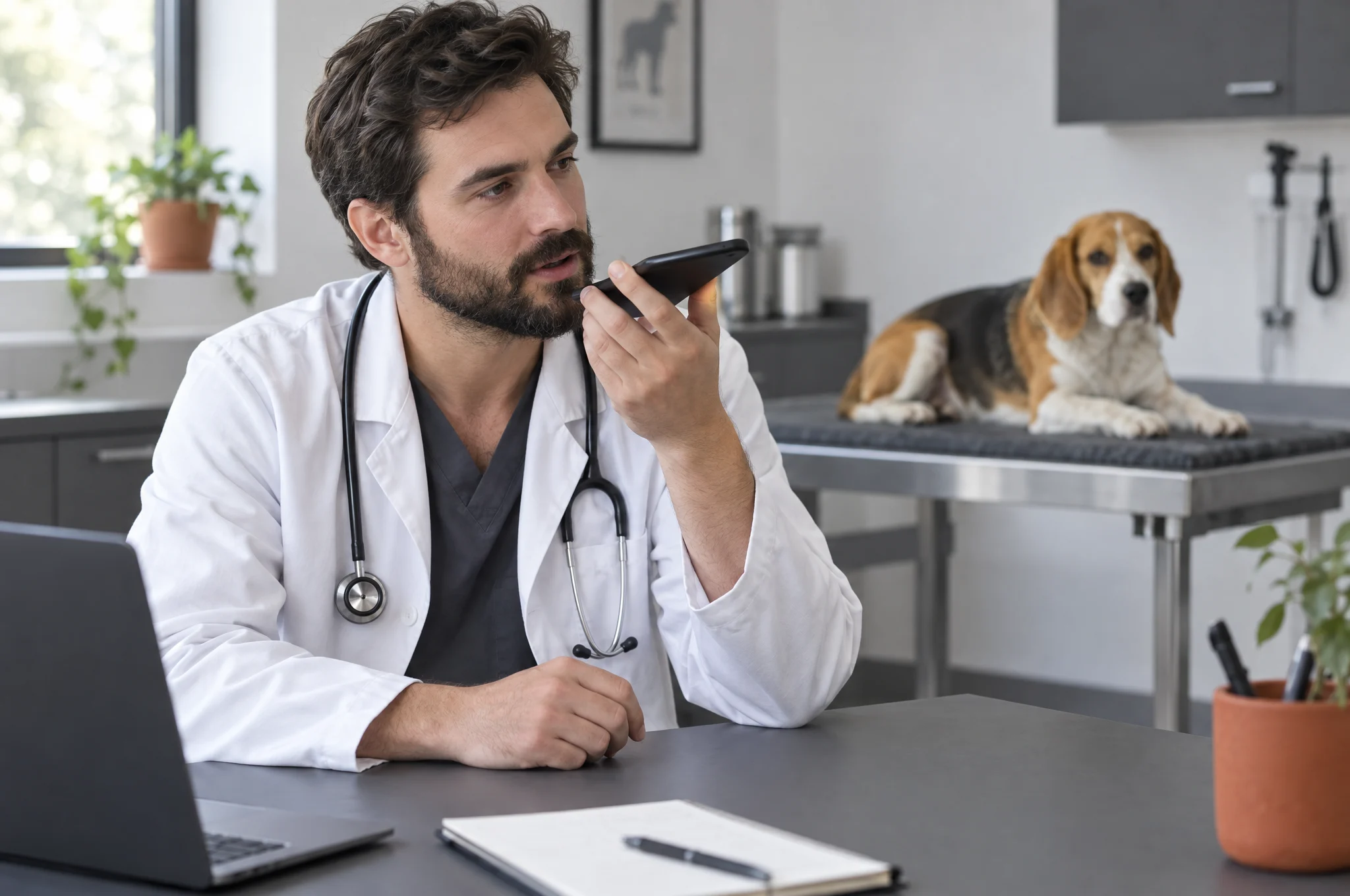 A veterinarian on the phone at his desk, with a beagle behind him
